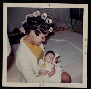 Vintage Photograph Woman In Rollers / Curlers Holding Adorable Baby