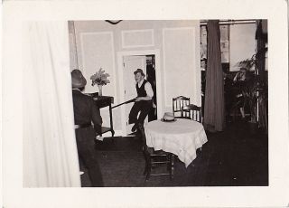 Old Vintage Antique Photograph Man Running In Dining Room Carrying A Rifle Gun