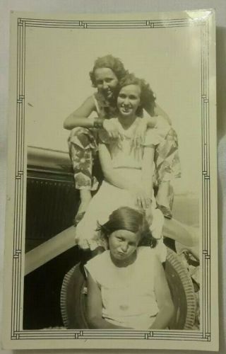 Vintage Old Photo Of 3 Girls Sitting On Truck Wearing 1930 