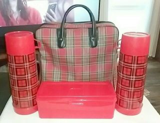 Vintage Aladdin Red Plaid Lunch Tote Thermos Picnic Set Glamping Camping Picnic