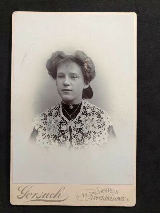 Victorian Photo Cabinet Card: Young Lady Unusual Hair Style Lace Collar: Gorsuch