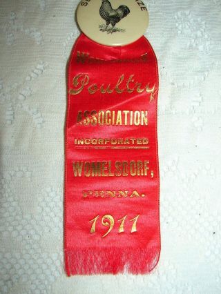1911 Womelsdorf,  Pa Poultry Association,  Inc.  Second Prize Pin W/ Ribbon