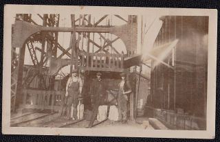 Old Vintage Antique Photograph Three Men In Overalls Standing On Bridge