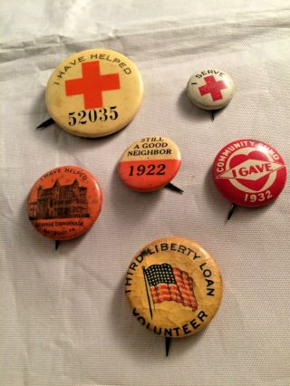 6 Vintage Pinback Buttons - Volunteers - 2 Red Cross & Others - P1336