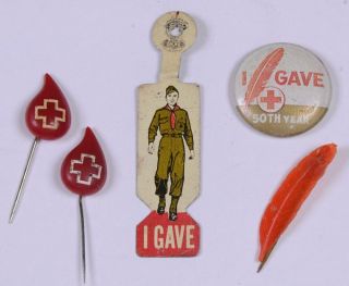 5 Vintage Pinback Buttons Red Cross Blood Drops Soldier I Gave 50th Year Feather