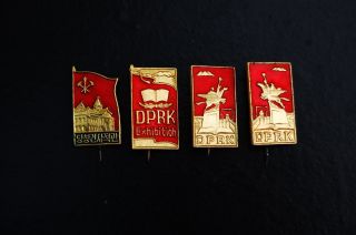 Vintage N Korea Dprk Communist Propaganda Pin Badge - Rare (set Of 4)