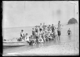 Antique Glass Negative / Group At The Beach / Japanese / C.  1930
