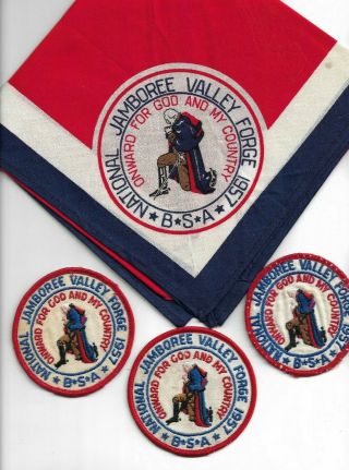 Boy Scout 1957 National Jamboree Neckerchief & 3 Pocket Patches