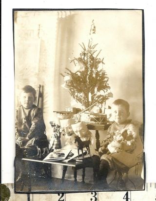 Vintage Eerie Photo Snapshot Christmas Tree Gifts Masks Drums Boys 1800 - 1900s