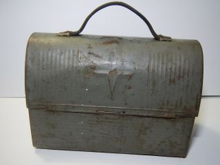 Vintage American Thermos Bottle Co Gray Metal Workman ' s Lunch Box Dome Top USA 2