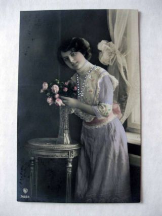1910s Art Nouveau Hand Tinted Real Photo Postcard Woman Putting Roses In Vase