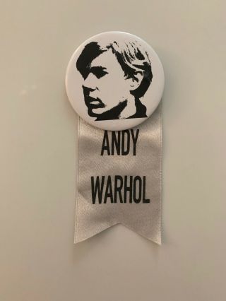 Vtg Andy Warhol Pinback Button Pin With Ribbon White/black Face