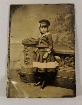 Antique Tin Type Photo 2 3/8 " X 3 3/8 " Studio Portrait Of Young Girl