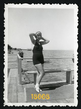 Chubby Woman In Swimsuit,  White Socks,  Lake Balaton,  Vintage Photograph,  1930’s
