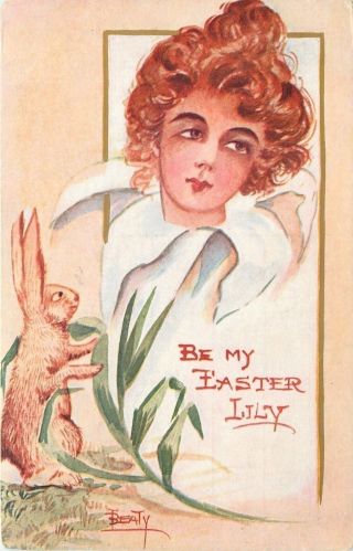 Easter Fantasy Lovely Lady Face In Lily Rabbit Watches 1908 Artist Signed Beaty