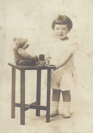 Old Photo Of Young Girl & Teddy Bear Goldberg Names and Places Written on Back 2