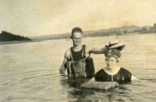 T738 Vtg Photo Take My Hat Bathing Swim Suit Couple Life Preservers Early 1900 