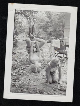 Antique Photograph Little Girl W/ Boy Hanging Upside Down On Clothes Line