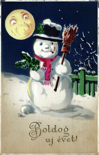 Snowman,  Smoking Snowman With The Moon And A Broom,  Year,  Old Postcard