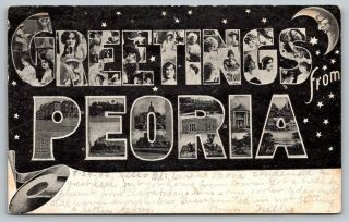 Peoria Illinois Large Letter Undivided Back Postcard Ladies Downtown Moon 1906