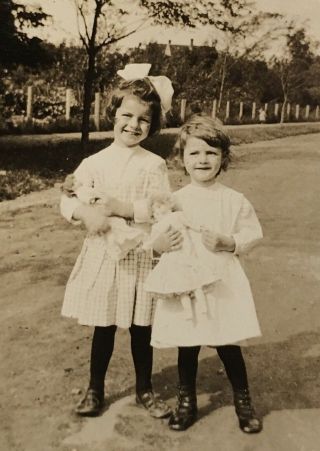 1910’s Cute Young School Girls Sisters Hold Dolls Snapshot Photo