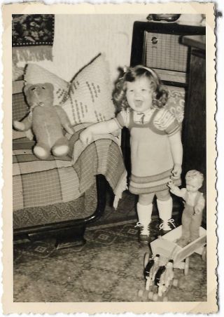 Photo Cute Girl With Toys Teddy Bear Doll Etc And Radio Around 1950s?