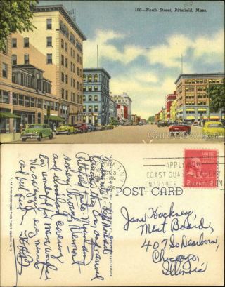 1953 Pittsfield,  Ma North Street Berkshire County Massachusetts Linen Postcard