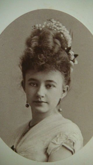 Vintage Victorian Cdv Photo Woman Unusual High Up Hair Do Dangling Earrings