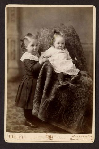 Antique Photo Cabinet Card LITTLE GIRLS FASHION BACKSTAMP BLISS COUDERSPORT PA 2