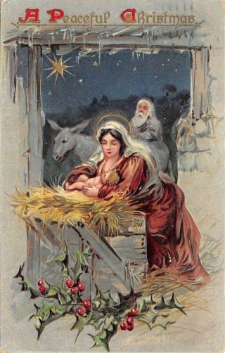 Christmas Nativity Mother Child In Stable Manger Burro Gold Star Night Tuck