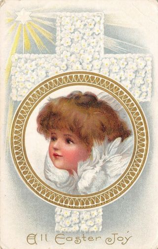 Brundage Easter Lil Girl Winged Angel Face In Gold Circle Flower Cross Embos Amp