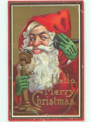 Pre - Linen Christmas Santa Claus Using Antique Candlestick Telephone Ab5012