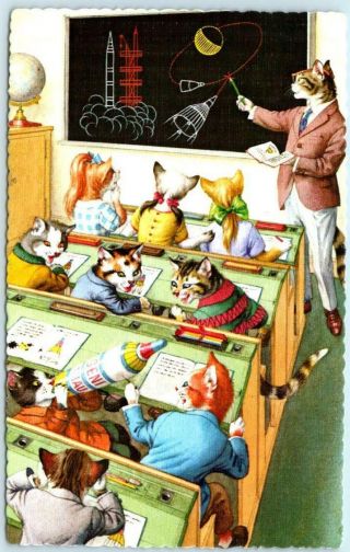 Mainzer Cats Kittens Anthropomorphic School Classroom Rockets 4749 Postcard