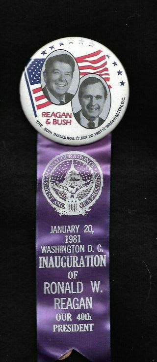 Ronald Reagan,  George Hw Bush Large 3 Inch Jugate Button And Ribbon 1981 Inaug.