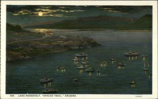 Boats At Night Apache Traill Az Lake Roosevelt C1920 Postcard