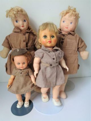 4 Vintage Antique Brownie Girl Scout Dolls Georgene Averill Cloth Sandy Ginger