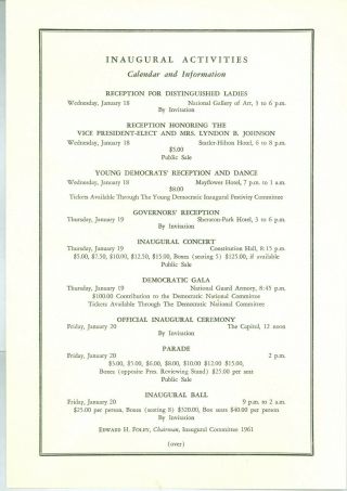 1961 Vintage President John Kennedy Inaugural Activities Calendar & Information