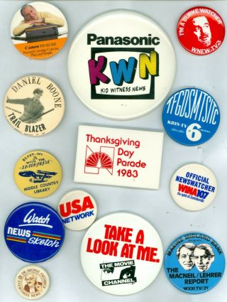 13 Vintage 1960s - 90s Tv Advertising Pinback Buttons - Canon/panasonic/nbc/usa/kwn