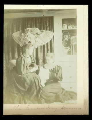 (2) Vintage Ladies Embroider Cabinet Photo 1890s Janesville Wisconsin