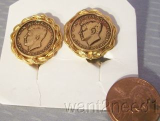 60s Vtg Jfk In Memoriam Clip Earrings French New/old John Kennedy Goldplate Coin