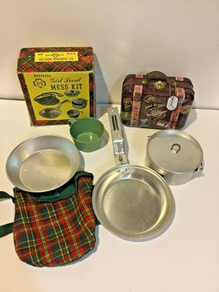 Vintage Official Girl Scout Mess Kit Aluminum Cooking Camp Set & Bonus Tin Case