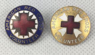 Two American Red Cross Volunteer Lapel Pins Vintage Round Shape Metal Enamel