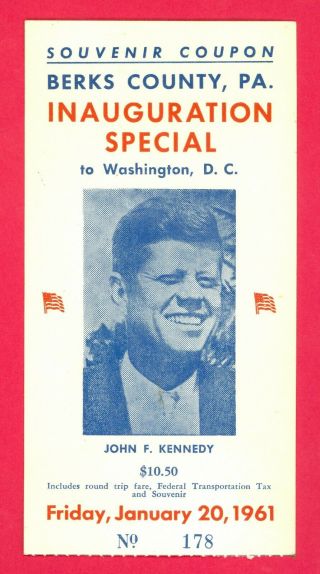 Vtg 1961 President John F.  Kennedy Inauguration Souvenir Coupon Berks County,  Pa