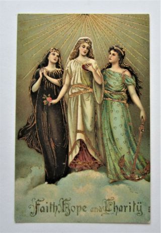Faith Hope And Charity Embossed Gold Women Postcard