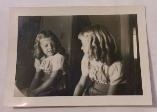 Vintage Old 1946 Photo Of Little Blonde Girl Looking In The Mirror At Reflection