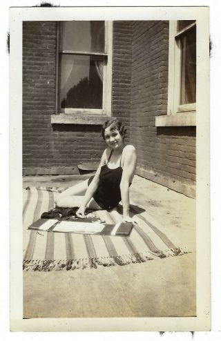 1930s Swimsuit Pinup Bathing Beauty.  Photo Of A Young Woman Sunbathing