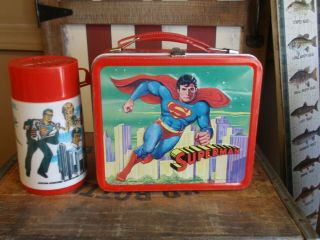 Vintage 1978 Aladdin Superman Embossed Metal Lunch Box With Thermos Dc Comics