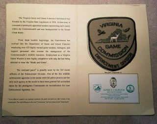 Va Virginia Game Commission Enforcement Division Patch W/presentation Card