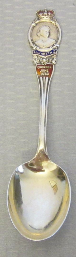 1953 Queen Elizabeth Ii Coronation Sterling Silver Souvenir Spoon Gold Enamel