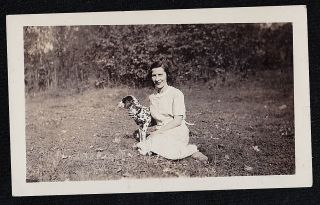 Vintage Antique Photograph Woman Sitting In Grass With Adorable Puppy Dog